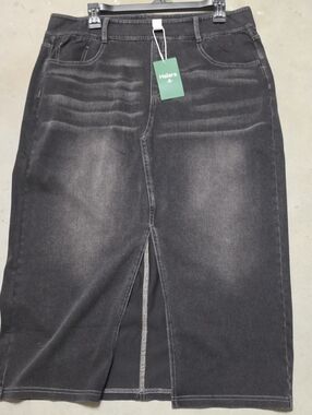 Nwt HALARA Black Washed Denim Midi Skirt with Center Front Slit